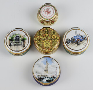 Five Staffordshire limited edition enamelled trinket boxes - Bugatti Type 59 108/500 (no box), 4th July 1776 no.248/500 6cm, Three Litre Bentley 99/500 7cm, William Morris Collection 179/1000 7cm and a floral decorated box 6cm, the last 4 items are boxed 