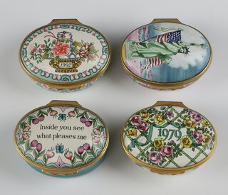 Four Halcyon Days enamelled boxes - A year to Remember 1979 5cm, ditto 1992 4.5cm, Inside You See What Pleases Me 5cm and Statue of Liberty  1886-1986 5cm, all boxed