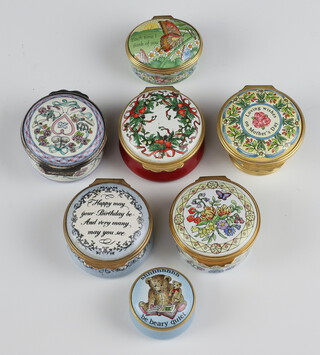 Six Halcyon Days enamelled boxes - Happy May Your Birthday Be and Very Many May You See 4cm, Butterflies Each Time I Think of You 3cm, Holly 4cm, Loving Wishes on Mother's Day 4cm, Shush Be Very Quiet 3cm, Congratulations on Your Silver Wedding Anniversary 4cm, a Royal Worcester floral ditto 4cm 