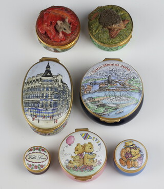 Seven Crummles enamelled pill boxes - Mappin & Webb no.73 6cm, Anno Domino 2000 5cm, Teddy Bears 4cm, Bears 3cm, With Love 2cm, Hedgehog 4cm and Mouse 4cm, all boxed 