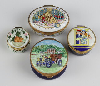 Four enamelled pill boxes - Venice Simplon-Orient Express 4cm, RAC 1897-1997 5cm, Teddy Bears 5cm and Welcome 3cm 