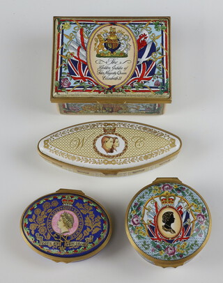 Four Halcyon Days limited edition enamelled boxes - The Accession of Her Majesty Elizabeth II 42/500 8cm, The Royal Wedding 2011 49/250 19cm, Her Majesty Queen Elizabeth II 80th Birthday 2006 110/500 6cm and Her Majesty Queen Elizabeth II on her Golden Jubilee 2002 181/750 5cm, all boxed 