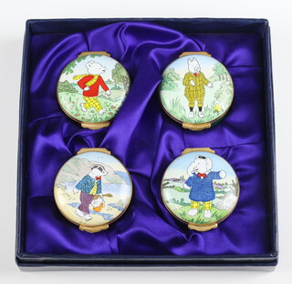 A set of 4 Crummles for Royal Doulton limited edition Rupert characters enamelled boxes - Rupert Bear, Podgy Pig, Bill Badger and Edward Trunk, all numbered 71/1000 and boxed