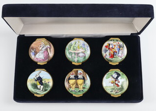 A set of 6 Crummles for Royal Doulton Alice in Wonderland limited edition enamelled boxes - Mad Hatter, Alice, Tweedle Dum and Tweedle Dee, The White Rabbit, The King and Queen of Hearts and Caterpillar, all numbered 44/1998 and 4cm  
44/1998
