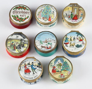 Eight Halcyon Days enamelled Christmas boxes 1973-1980, all 4cm, all boxed 