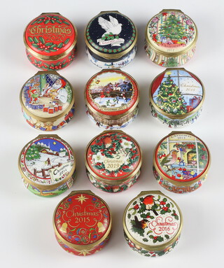 Eleven Halcyon Days enamelled Christmas boxes 2011-2021, all 4cm, all boxed 