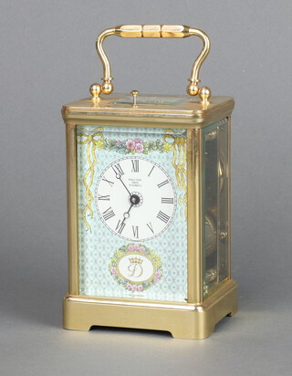 HRH Diana The Princess of Wales, a Halcyon days enamelled brass cased 8 day repeater carriage clock donated by The Princess for auction to a charity auction and purchased for 5500 pounds. The enamelled dial with the cypher of Her Royal Highness The Princess of Wales, the case engraved "Presented by Her Royal Highness The Princess of Wales", contained in original fitted box and with Phillips of London catalogue "The collection of diamond and gem set jewellery, watches and objet d'arts, to be offered by auction on behalf of The British Red Cross Pot of Gold Appeal for Somalia dated Sunday 14th 1993 at 7.30pm" with clock illustrated as Lot 135, together with associated invitations, letters of thanks, newspaper cuttings  etc 