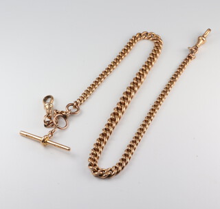 A 15ct yellow gold Albert with T bar and 2 clasps, 33.2 grams, 34cm 