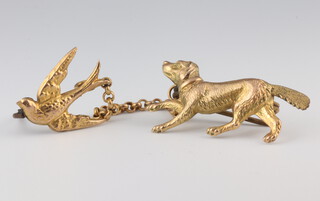 An Edwardian yellow metal 9ct brooch in the form of a hound chasing a bird 3.6 grams 