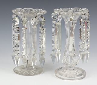 A near pair of Victorian clear glass lustres with faceted drops 20cm and 22cm 