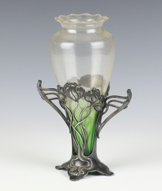 An Art Nouveau green clear glass vase in a repousse pewter floral stand 19cm 