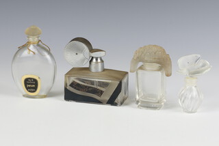 A modern Lalique scent bottle with a dove stopper 7cm, an Art Deco Coty scent bottle with chrysanthemum stopper 8cm, an Art Deco atomiser and a Guerlain Art Deco style perfume bottle 10cm 