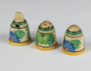 A Clarice Cliff Bizarre Sungay 3 piece condiment decorated with flowers 4cm 