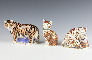 A Royal Crown Derby Imari pattern  paperweight - Bengal tiger cub 10cm, a ditto Marmalade no.1256 of 2500 12cm, ditto Siberian tiger no.43 of 750 11cm, all boxed and all with gold stoppers