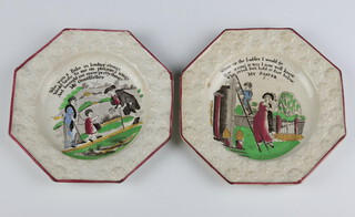 A pair of 19th Century Pearlware moulded octagonal plates of allegorical studies 14.5cm 