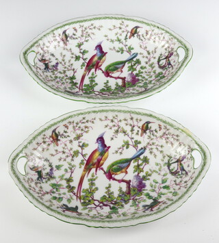 A pair of 19th Century Continental shallow dishes decorated with exotic birds 31cm 