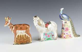 A Royal Crown Derby Imari pattern paperweight - Prong Horned Antelope no.203 of 950 17cm, ditto Shetland Pony no.400 of 450 18cm and Harvey Peacock no.43 of 750 18cm, all boxed and all with gold stoppers