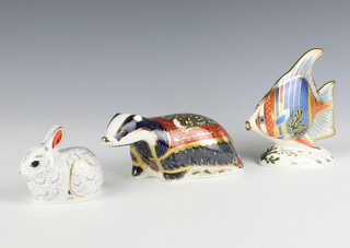 A Royal Crown Derby Imari pattern paperweight - Moonlite Badger 16cm, Pacific Angel Fish no.243 of 2500 13cm and Bunny 5cm, all boxed and all with gold stoppers