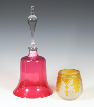 A Victorian cranberry glass bell (lacking clapper) 30cm and a Galle style vase 9cm 