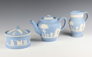 A Wedgwood style blue Jasper circular box and cover 10cm, ditto teapot  14cm and jug 15cm 