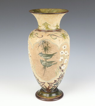 A Doulton Lambeth oviform vase decorated with panels of birds and flowers by Florence E Barlow. no.545 35cm 