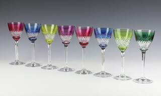 A set of 8 Val St Lambert multi coloured wine glasses 