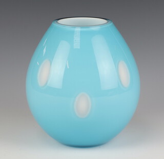 A Studio Glass blue baluster vase decorated with oval white glass panels 18cm 