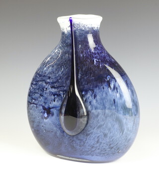 A contemporary blue glass flatted oviform vase with tear drop decoration 31cm 