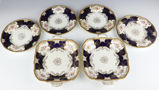 Four Edwardian Coalport dessert plates decorated with spring flowers, together with a pair of serving dishes 
