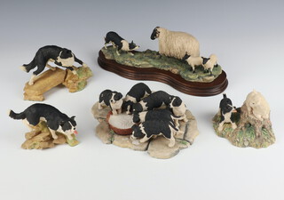 An Aynsley composition figure of a sheepdog 9cm, a ditto 10cm, a Border Fine Arts sheep dog puppy and lamb 6cm, a ditto group of a family of sheep dogs feeding and a group of sheep and sheep dog 