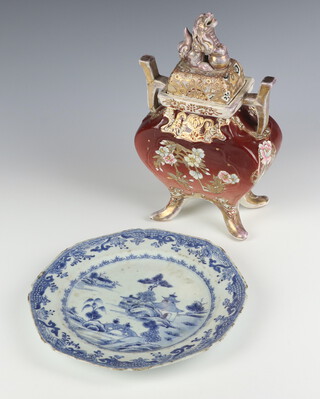 An 18th Century Chinese octagonal blue and white plate with landscape view 22cm, together with a 1930's Satsuma Koro and cover with dragon finial and floral decoration 25cm 