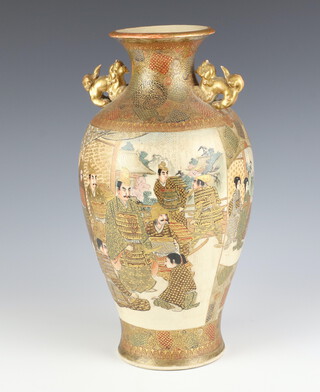 A Meiji Period Japanese Satsuma oviform vase with dragon handles, band of deities and attendants, having seal mark to base 31cm 