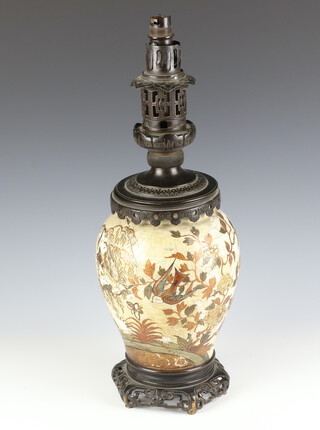 A Chinese metal mounted table lamp, the crackle glazed porcelain body with birds and flowers 46cm 