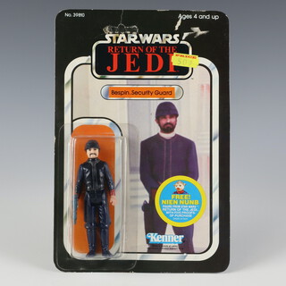 Star Wars by Kenner, a Bespin Security Guard (white) action figure on  48 back  Return of the Jedi unpunched ( see notes ) card ROTJ 48KPSD ( Hong Kong 1983 promotional Nien Nunb edition Kenner Label to front Palitoy sticker to back )