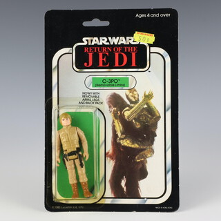 Star Wars by Palitoy, a miscarded Luke Skywalker in Bespin fatigues action figure on C-3PO ( removable limbs ) 65 back Return of the Jedi punched  card ROTJ 65D ( Hong Kong 1984  )