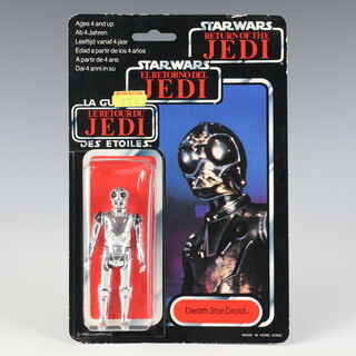 Star Wars by Palitoy, a Death Star Droid action figure on tri logo 70 back Return of the Jedi punched  card ROTJ 70B ( Hong Kong 1983  )
