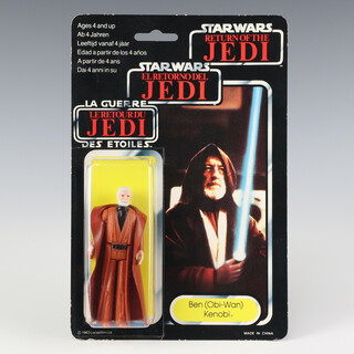 Star Wars by Palitoy, an Obi-Wan Kenobi action figure on tri logo 70 back Return of the Jedi punched card ROTJ 70B ( China 1983 )