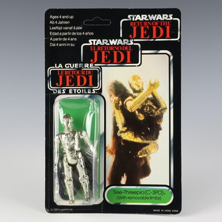 Star Wars by Palitoy, a C-3PO ( with removable limbs ) action figure on tri logo 70 back Return of the Jedi unpunched card ROTJ 70B ( Hong Kong 1983  )