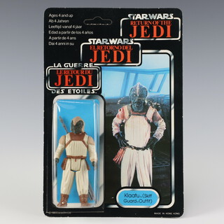 Star Wars by Palitoy, a Klaatu ( Skiff Guard outfit ) action figure on tri logo 70 back Return of the Jedi unpunched card ROTJ 70B ( Hong Kong 1983  )