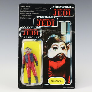 Star Wars by Palitoy, a Nien Nunb action figure on tri logo 70 back Return of the Jedi unpunched card ROTJ 70B ( Hong Kong 1983  )