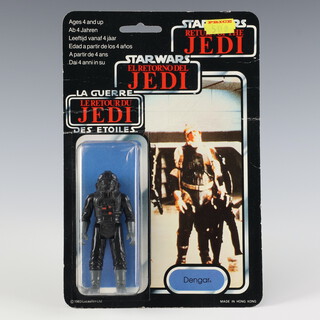 Star Wars by Palitoy, a miscarded Tie Fighter Pilot action figure on tri-logo Dengar 70 back Return of the Jedi punched  card ROTJ 70B ( Hong Kong 1983  )