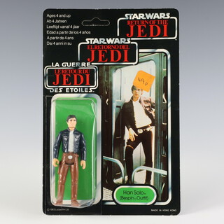 Star Wars by Palitoy, a Han Solo ( Bespin Outfit ) action figure on tri logo 70 back Return of the Jedi unpunched card ROTJ 70B ( Hong Kong 1983  )