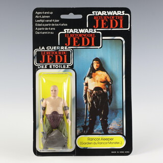 Star Wars by Palitoy, a Rancor Keeper action figure on tri logo 70 back Return of the Jedi punched  card ROTJ 70C ( Hong Kong 1983  )