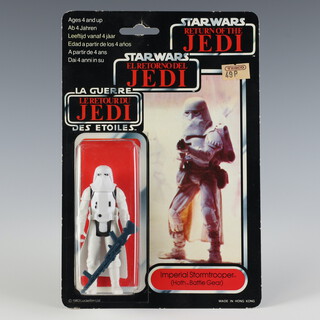 Star Wars by Palitoy, an Imperial Storm Trooper action figure on tri logo 70 back Return of the Jedi punched  card ROTJ 70B ( Hong Kong 1983  )