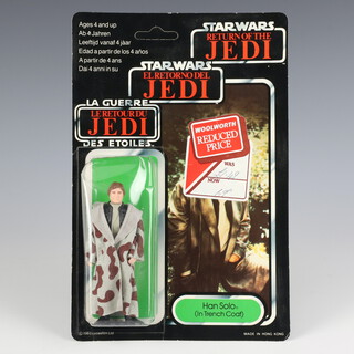 Star Wars by Palitoy, a Han Solo Trench Coat action figure on tri logo 70 back Return of the Jedi unpunched card ROTJ 70B ( Hong Kong 1983  )