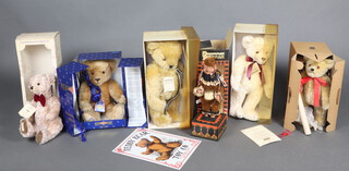 Merrythought, limited edition teddy bears - The Stately Home Bear no.90 of 1000 boxed, Yes/No Teddy Bear no.112 of 1500 boxed, 1930-1990 Diamond Jubilee Anniversary Bear, pad is signed, no.268, boxed (damaged to box) and certificate, a Deans limited edition bear Jack no.456 of 2500 boxed and with certificate, an Edward Bear boxed and a Drummer Bear automaton, together with a reproduction pressed metal sign Teddy Bear Toy Company 36cm x 26cm  