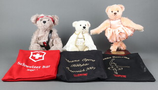 Steiff, limited edition teddy bear Victor The Adventurer 34cm no.828 of 2001, together with Vienna Opera 28cm no.447 of 1500,  both with cloth bags and certificates and Ballerina run of 1500 complete with stand and bag but no certificate 