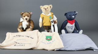 Steiff, limited edition teddy bear English Teddy Bear 30cm no.2529 of 4000, ditto Golf Teddy Bear ear tag no. 01145 with golf club and bag of clubs, both with cloth bags but no certificates, Jeans Teddy Bear Blue 32cm no.446 of 2000 with bag and certificate  