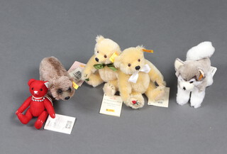 Steiff, a collection of teddy bears - Red Bear ear tag no.03845 13cm, English Teddy Bear 19cm, Irish Teddy Bear 19cm, Standing Bear Grishy 9cm, Dog Bernie 14cm, all unboxed and without certificates 