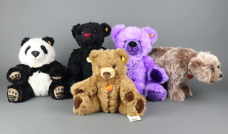 Steiff, a collection of teddy bears -  Classic Black Bear 005985 44cm, walking bear Grizzly 069345 22cm, Purple Bear for The Red Heart Society 671319 41cm, Panda 064258  and Teddy Bear 660177, no boxes or certificates 